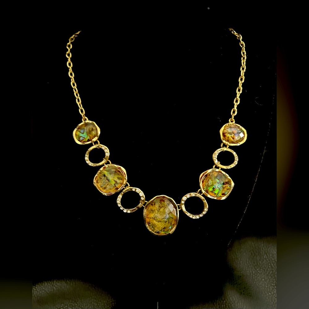 Beautiful Dana Buchman gold statement necklace with beige stones with rhinestone